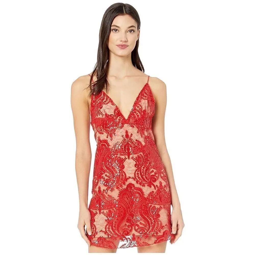 Free People Night Shimmers Red Lace & Sequins Mini Dress Sz 2 Y2K, Party